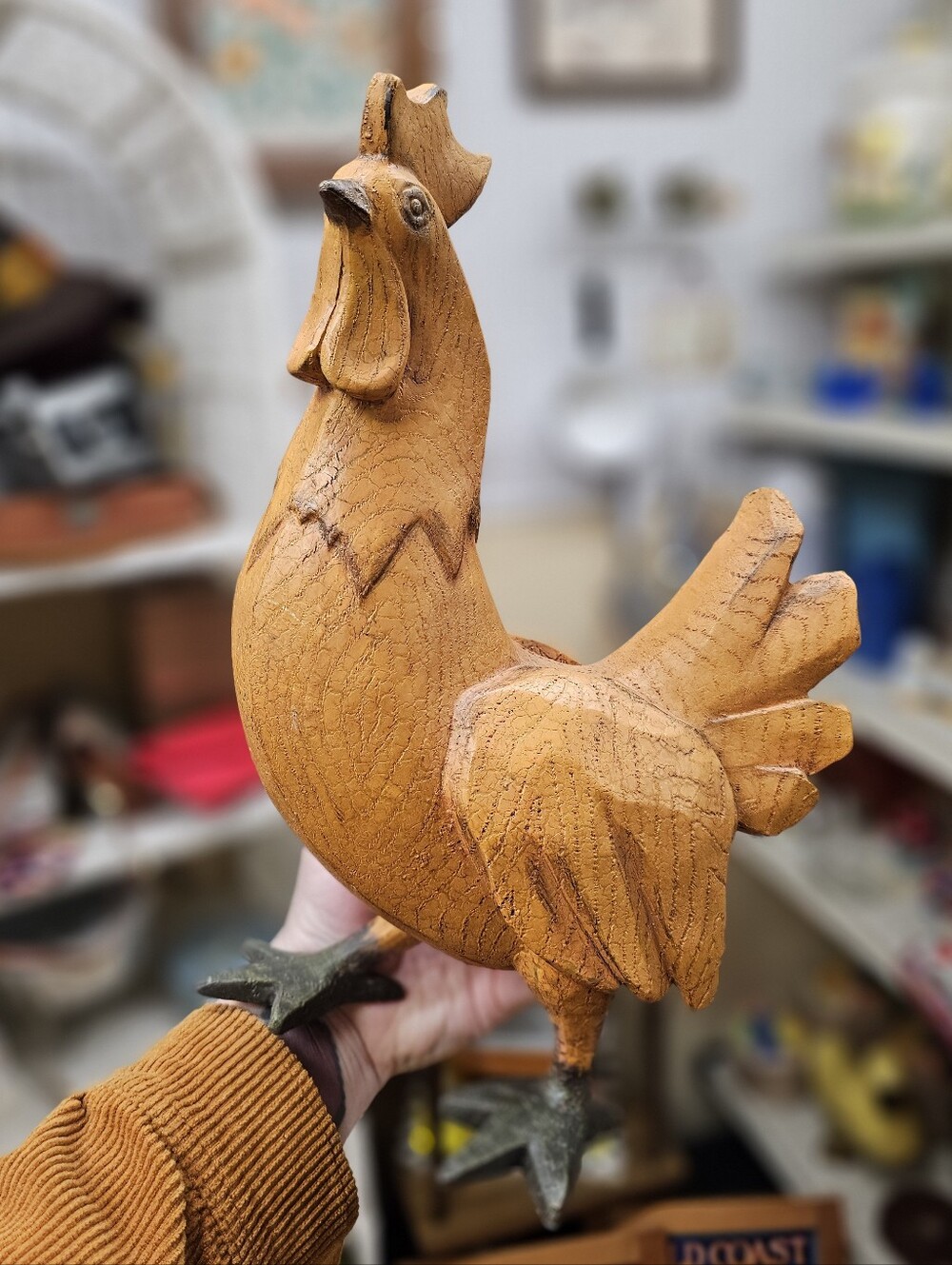 Ceramic Distressed Wood Look Rustic Orange Rooster Statue Farmhouse Cottagecore